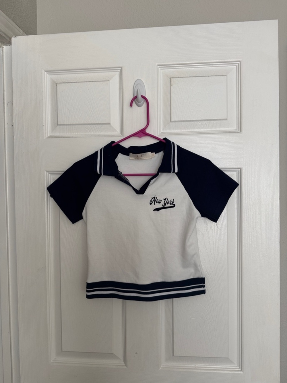 White and Navy 'New York' Polo Crop Top